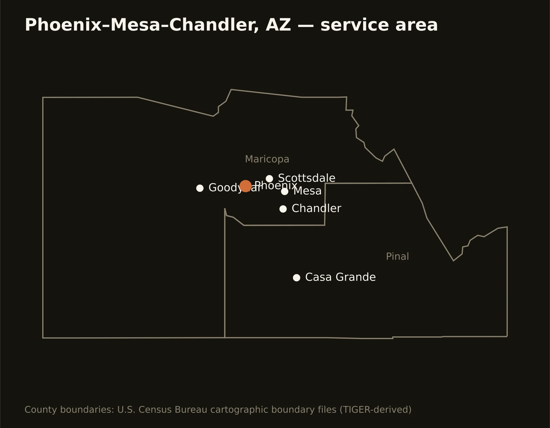Phoenix–Mesa–Chandler, AZ directional drilling service area map — component counties and cities served